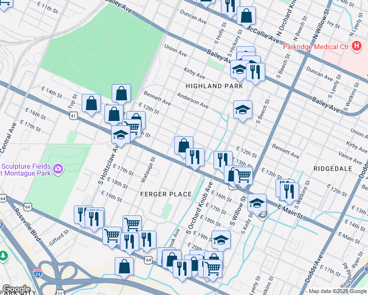map of restaurants, bars, coffee shops, grocery stores, and more near 1617 East 14th Street in Chattanooga