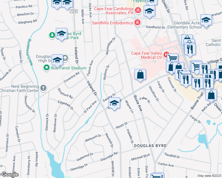 map of restaurants, bars, coffee shops, grocery stores, and more near 1741 Wellons Drive in Fayetteville