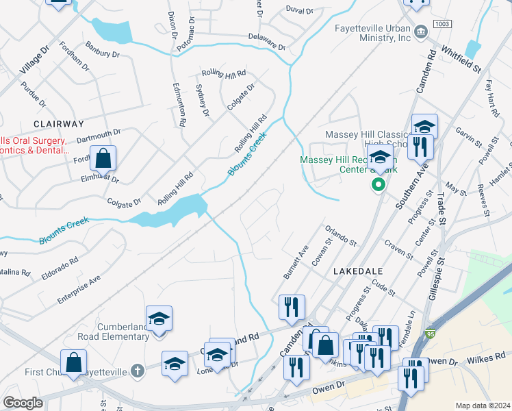 map of restaurants, bars, coffee shops, grocery stores, and more near 2166 Stonewash Drive in Fayetteville