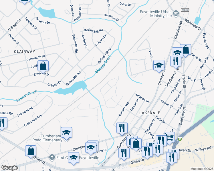 map of restaurants, bars, coffee shops, grocery stores, and more near 2166 Stonewash Drive in Fayetteville