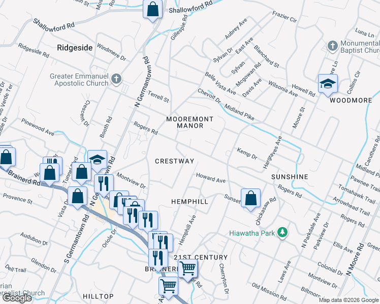 map of restaurants, bars, coffee shops, grocery stores, and more near 3922 Rogers Road in Chattanooga