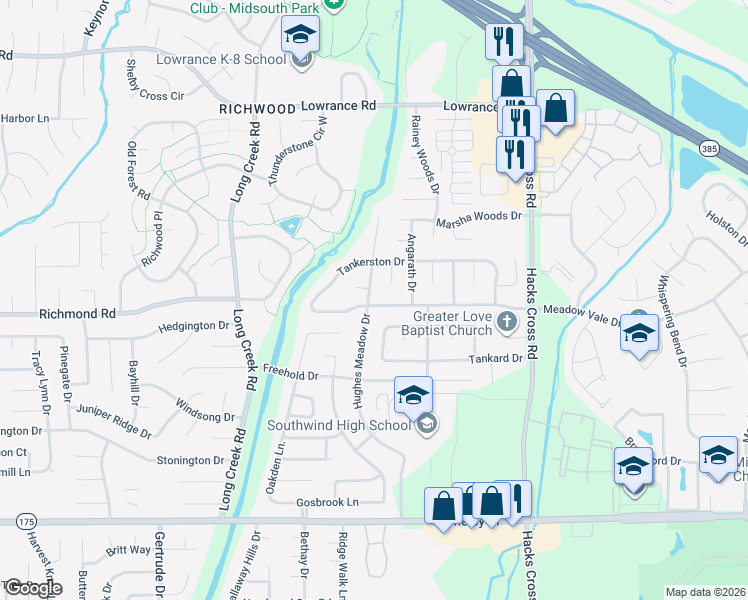 map of restaurants, bars, coffee shops, grocery stores, and more near 7844 Meadow Vale Drive in Memphis