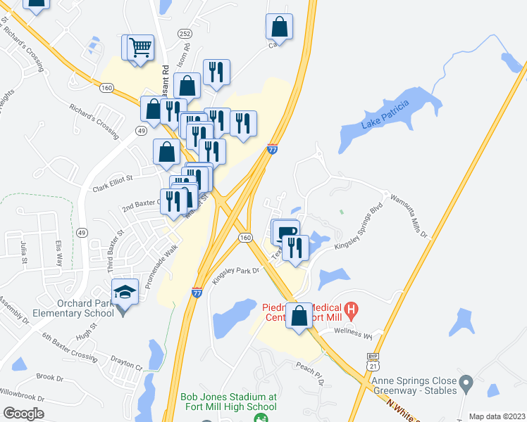 map of restaurants, bars, coffee shops, grocery stores, and more near 1437 Broadcloth Street in Fort Mill