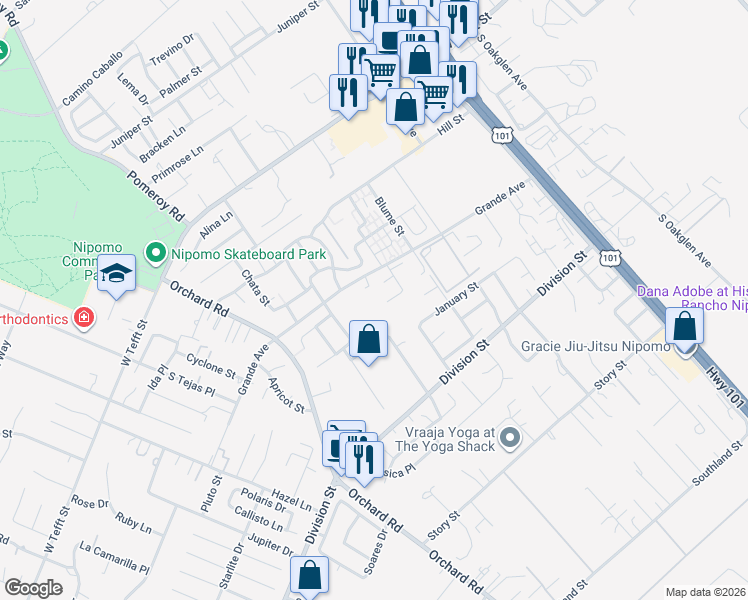 map of restaurants, bars, coffee shops, grocery stores, and more near 380 Melanie Lane in Nipomo