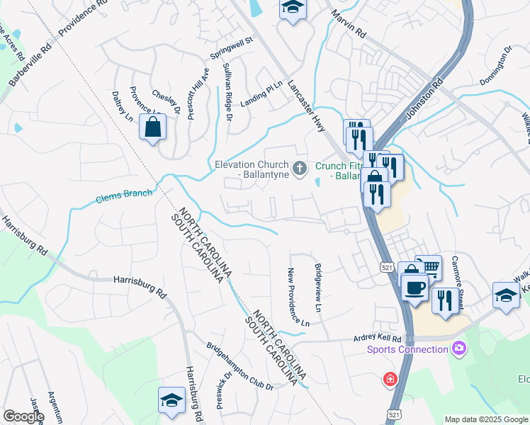 map of restaurants, bars, coffee shops, grocery stores, and more near 17154 Red Feather Drive in Charlotte