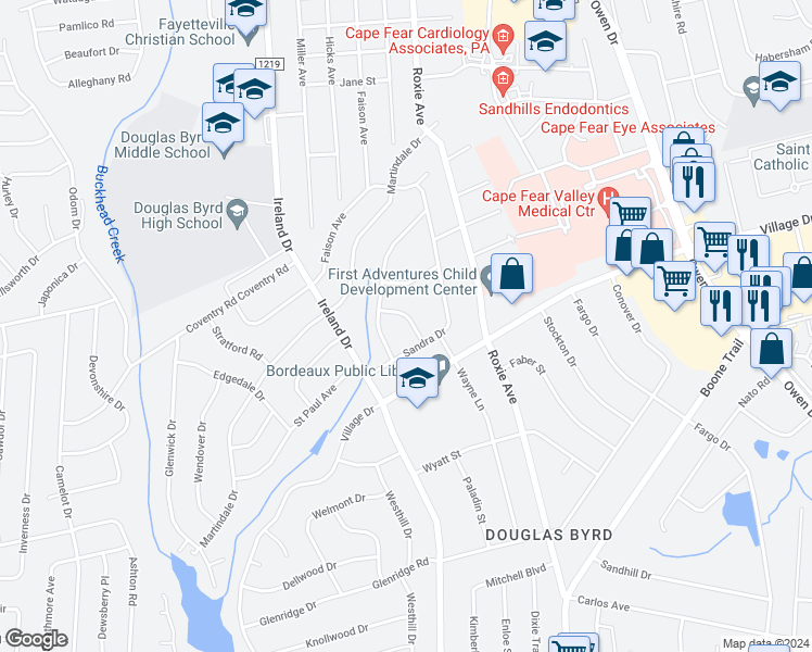 map of restaurants, bars, coffee shops, grocery stores, and more near 1748 Wayne Lane in Fayetteville