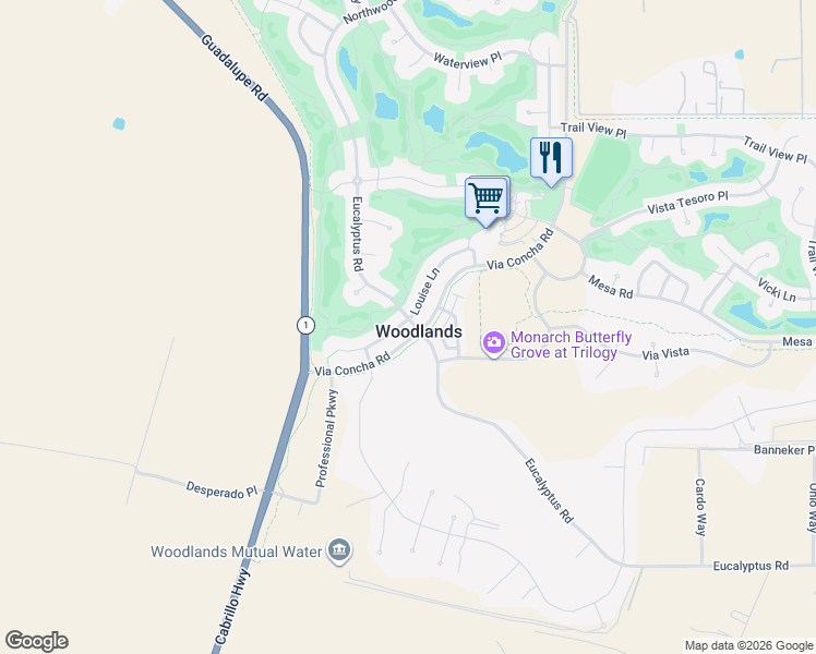 map of restaurants, bars, coffee shops, grocery stores, and more near 1735 Louise Lane in Nipomo