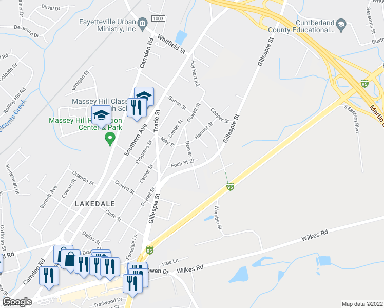 map of restaurants, bars, coffee shops, grocery stores, and more near 1623 Reeves Street in Fayetteville