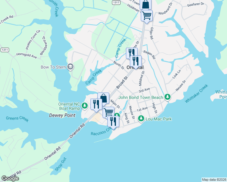 map of restaurants, bars, coffee shops, grocery stores, and more near 505 Broad Street in Oriental