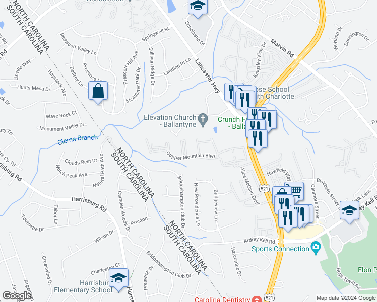 map of restaurants, bars, coffee shops, grocery stores, and more near 12330 Copper Mountain Boulevard in Charlotte