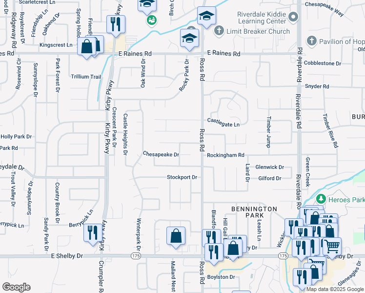 map of restaurants, bars, coffee shops, grocery stores, and more near 6664 Chesapeake Drive in Memphis