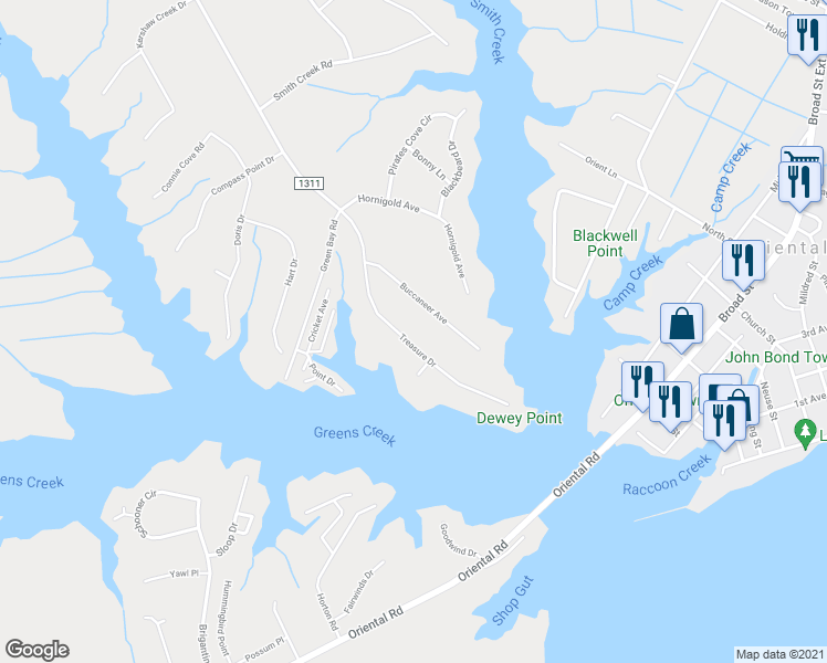 map of restaurants, bars, coffee shops, grocery stores, and more near 8029 Treasure Drive in Oriental