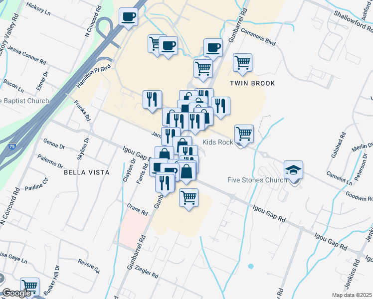 map of restaurants, bars, coffee shops, grocery stores, and more near 1916 Gunbarrel Road in Chattanooga