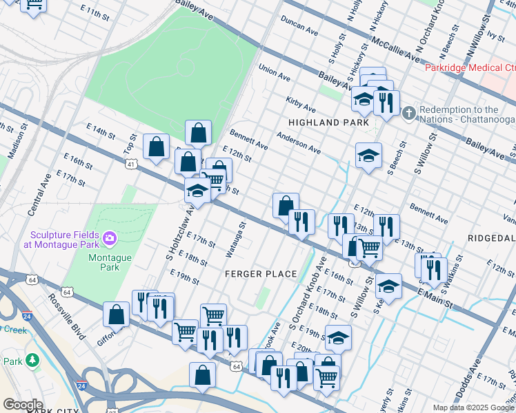 map of restaurants, bars, coffee shops, grocery stores, and more near 1514 East 14th Street in Chattanooga