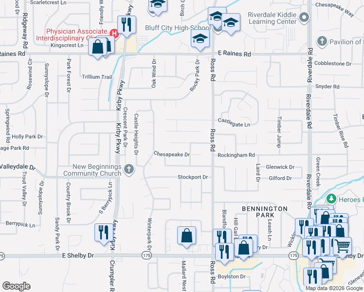 map of restaurants, bars, coffee shops, grocery stores, and more near 6624 Chesapeake Drive in Memphis