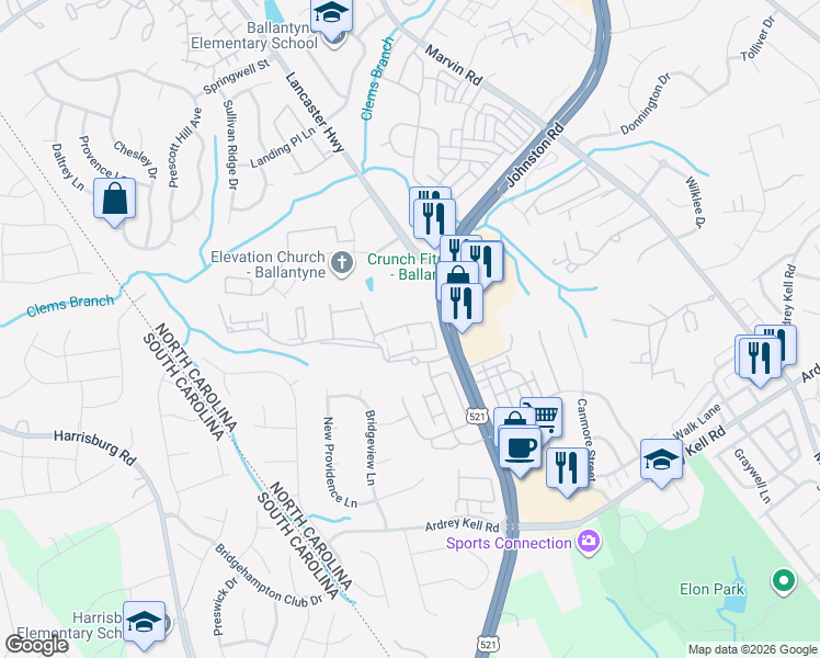 map of restaurants, bars, coffee shops, grocery stores, and more near 11755 Ridgeway Park Drive in Charlotte