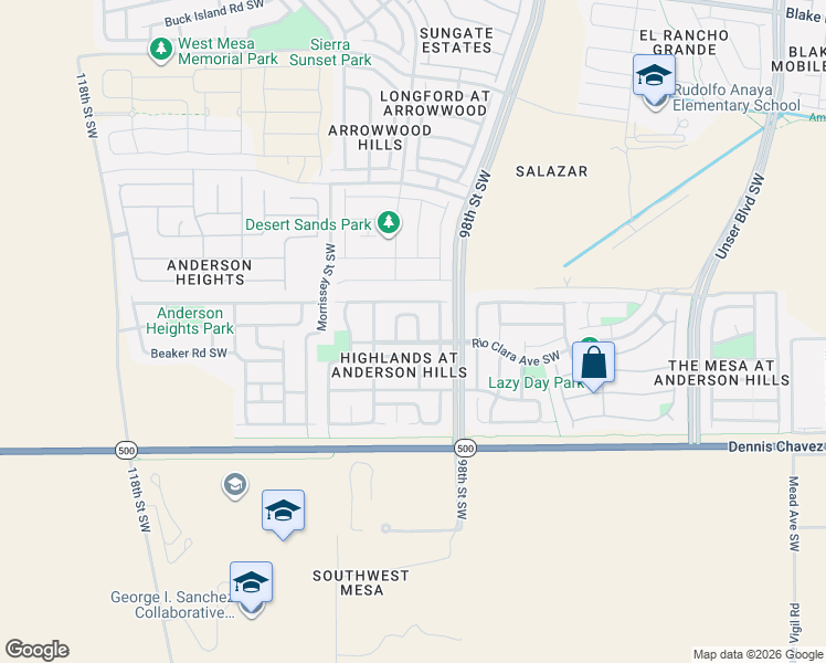 map of restaurants, bars, coffee shops, grocery stores, and more near 3132 Rio Plata Drive Southwest in Albuquerque