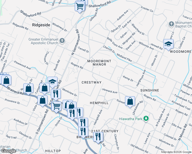 map of restaurants, bars, coffee shops, grocery stores, and more near 329 Crestway Drive in Chattanooga