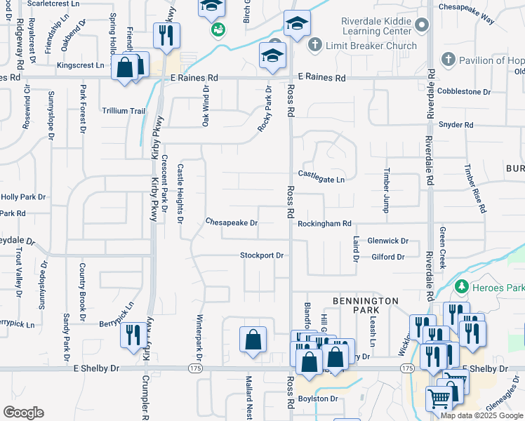 map of restaurants, bars, coffee shops, grocery stores, and more near 6664 Chesapeake Drive in Memphis