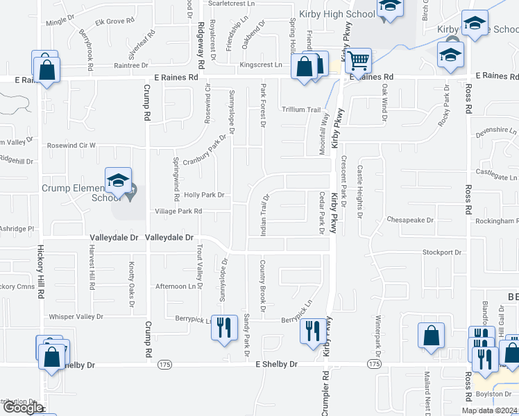map of restaurants, bars, coffee shops, grocery stores, and more near 4421 Indian Trail Drive in Memphis