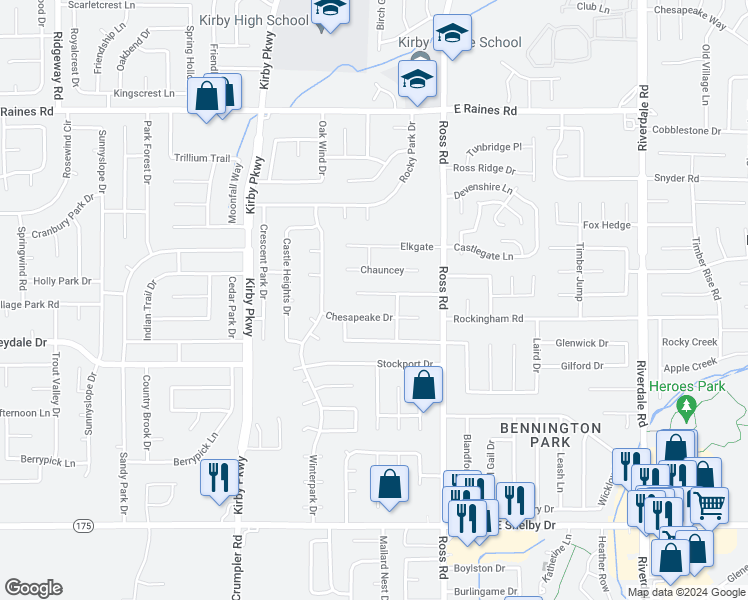 map of restaurants, bars, coffee shops, grocery stores, and more near 6611 Crystal Hill Drive in Memphis