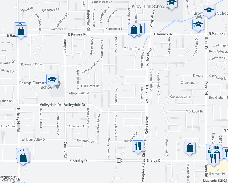 map of restaurants, bars, coffee shops, grocery stores, and more near 4405 Indian Trail Drive in Memphis