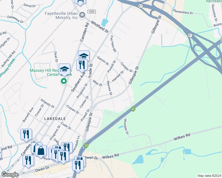 map of restaurants, bars, coffee shops, grocery stores, and more near 1623 Reeves Street in Fayetteville