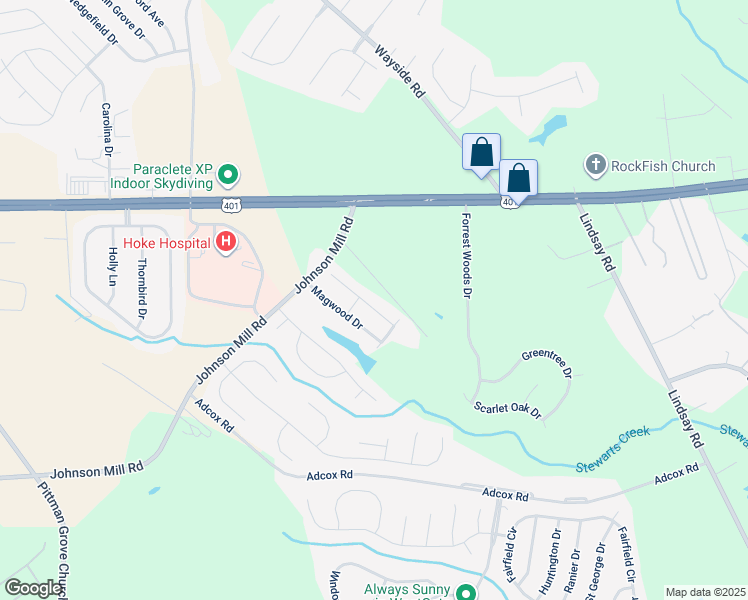 map of restaurants, bars, coffee shops, grocery stores, and more near 221 Chatfield Drive in Raeford