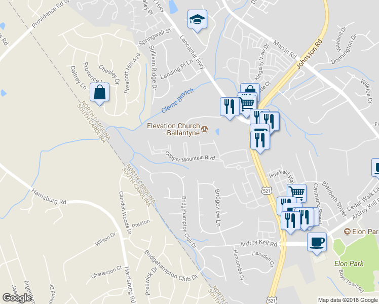 map of restaurants, bars, coffee shops, grocery stores, and more near 17159 Red Feather Drive in Charlotte