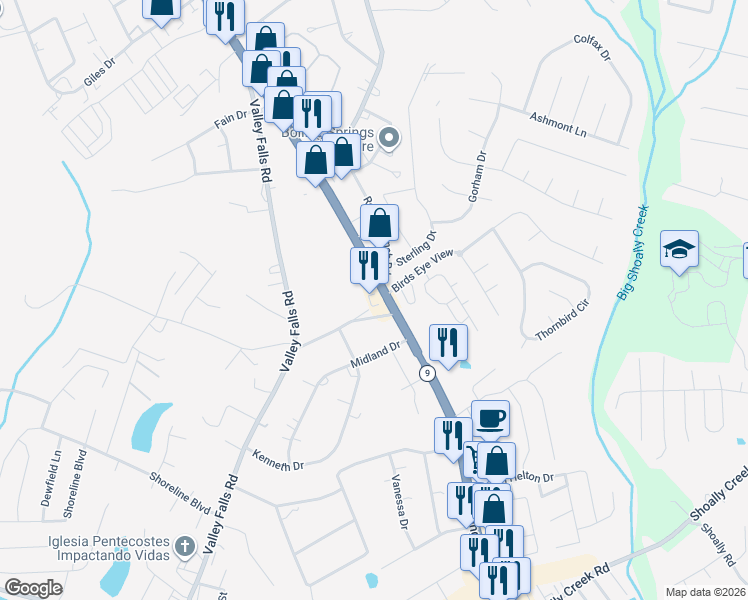 map of restaurants, bars, coffee shops, grocery stores, and more near 2449 Boiling Springs Road in Boiling Springs