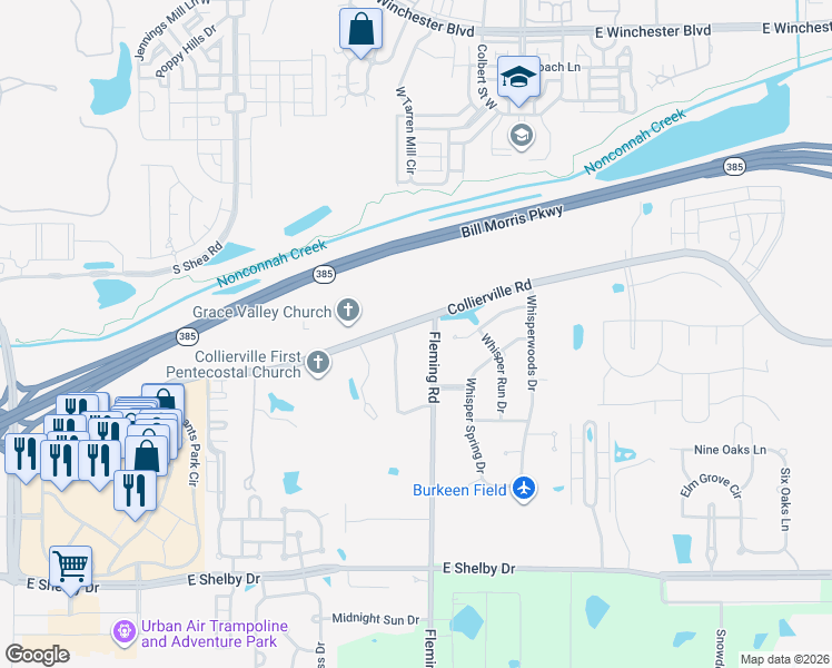 map of restaurants, bars, coffee shops, grocery stores, and more near 10651 Collierville Road in Collierville