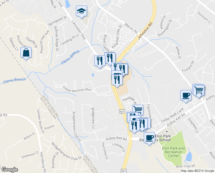 map of restaurants, bars, coffee shops, grocery stores, and more near 11827 Ridgeway Park Drive in Charlotte