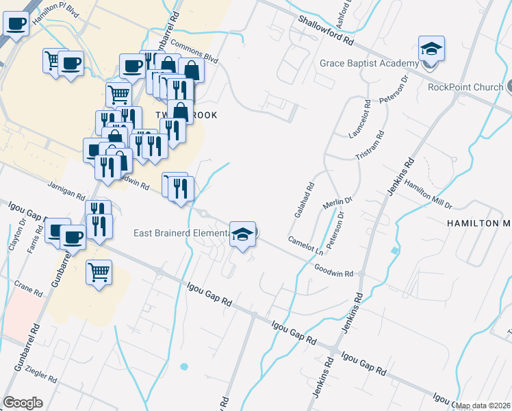 map of restaurants, bars, coffee shops, grocery stores, and more near 2009 Galahad Road in Chattanooga