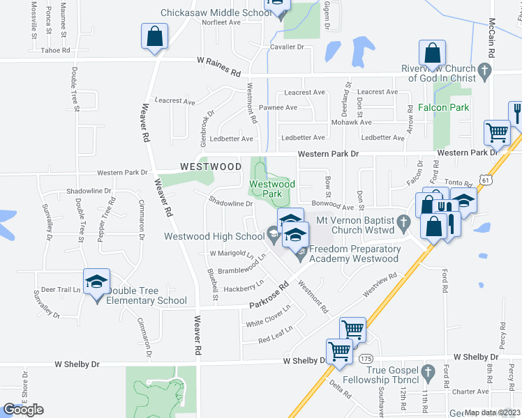 map of restaurants, bars, coffee shops, grocery stores, and more near 4404 Westmont Road in Memphis