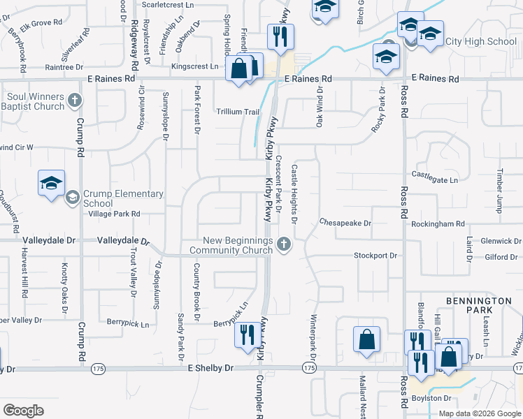 map of restaurants, bars, coffee shops, grocery stores, and more near 4402 Cedar Park Drive in Memphis