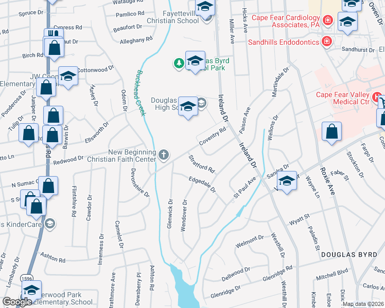map of restaurants, bars, coffee shops, grocery stores, and more near 4307 Coventry Road in Fayetteville