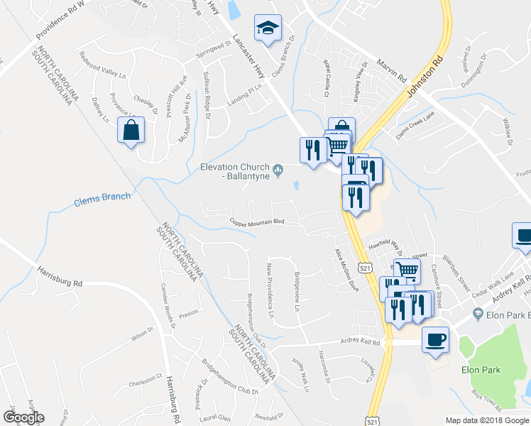 map of restaurants, bars, coffee shops, grocery stores, and more near 16454 Redstone Mountain Lane in Charlotte