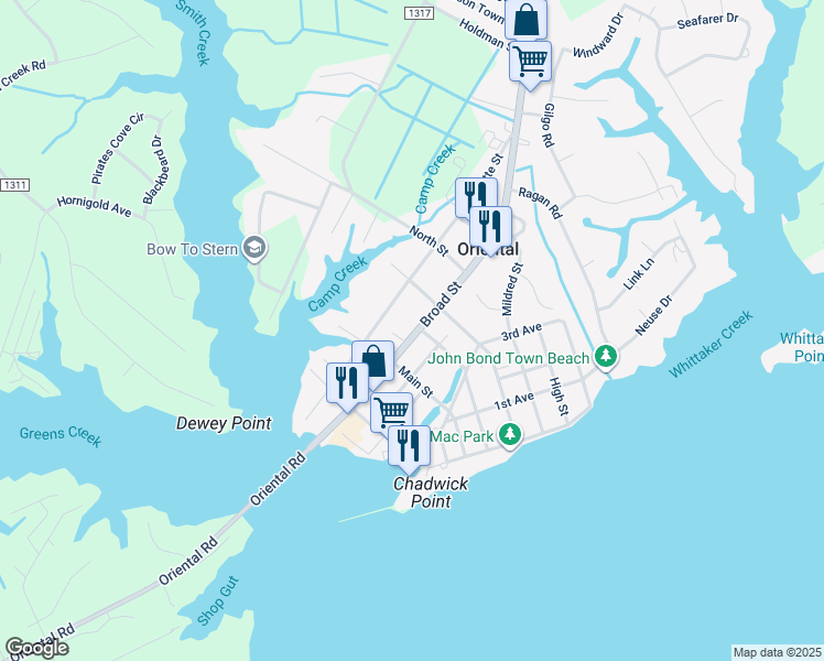 map of restaurants, bars, coffee shops, grocery stores, and more near 511 Broad Street in Oriental