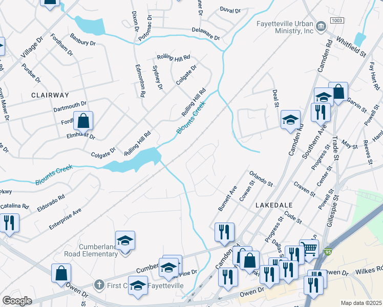map of restaurants, bars, coffee shops, grocery stores, and more near 2161 Stonewash Drive in Fayetteville