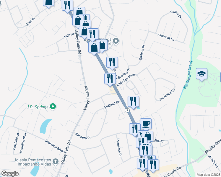 map of restaurants, bars, coffee shops, grocery stores, and more near 2475 Boiling Springs Road in Boiling Springs