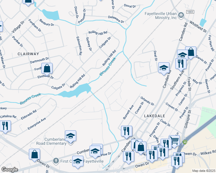 map of restaurants, bars, coffee shops, grocery stores, and more near 2161 Stonewash Drive in Fayetteville