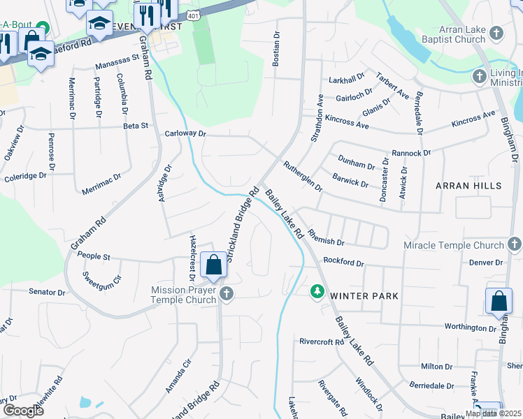 map of restaurants, bars, coffee shops, grocery stores, and more near 7307 Hyannis Drive in Fayetteville