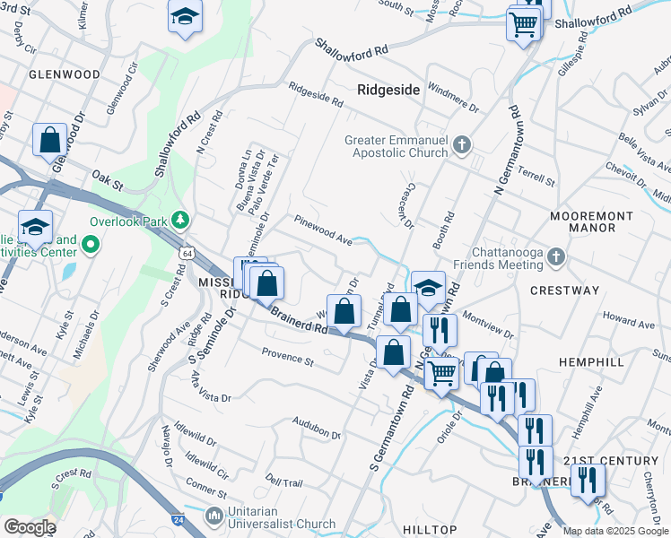 map of restaurants, bars, coffee shops, grocery stores, and more near 113 Woodlawn Drive in Chattanooga