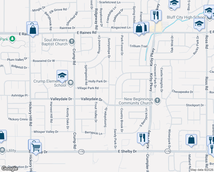 map of restaurants, bars, coffee shops, grocery stores, and more near 4416 Sunnyslope Drive in Memphis