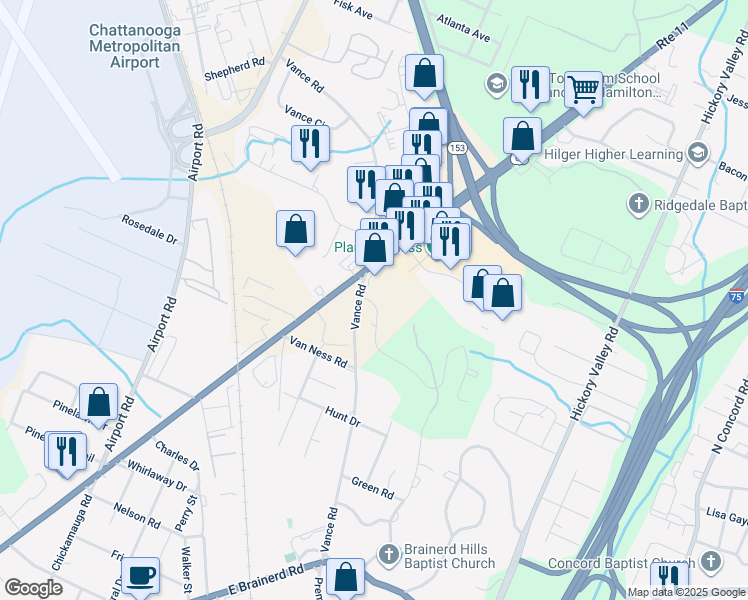 map of restaurants, bars, coffee shops, grocery stores, and more near 1576 Vance Road in Chattanooga