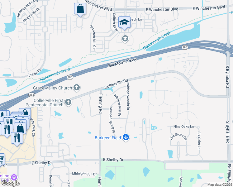 map of restaurants, bars, coffee shops, grocery stores, and more near 4417 Whisper Spring Drive in Collierville