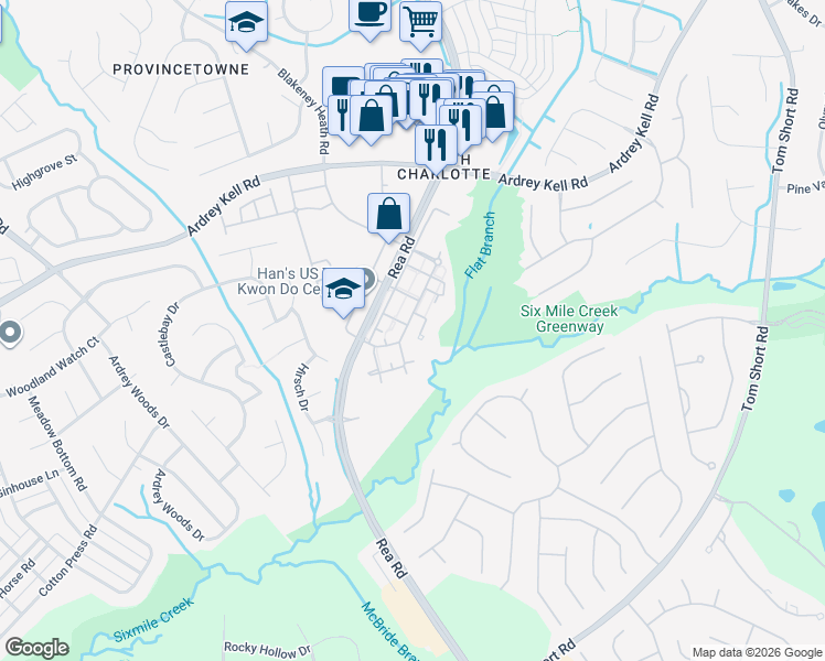 map of restaurants, bars, coffee shops, grocery stores, and more near 10415 Salvia Street in Charlotte