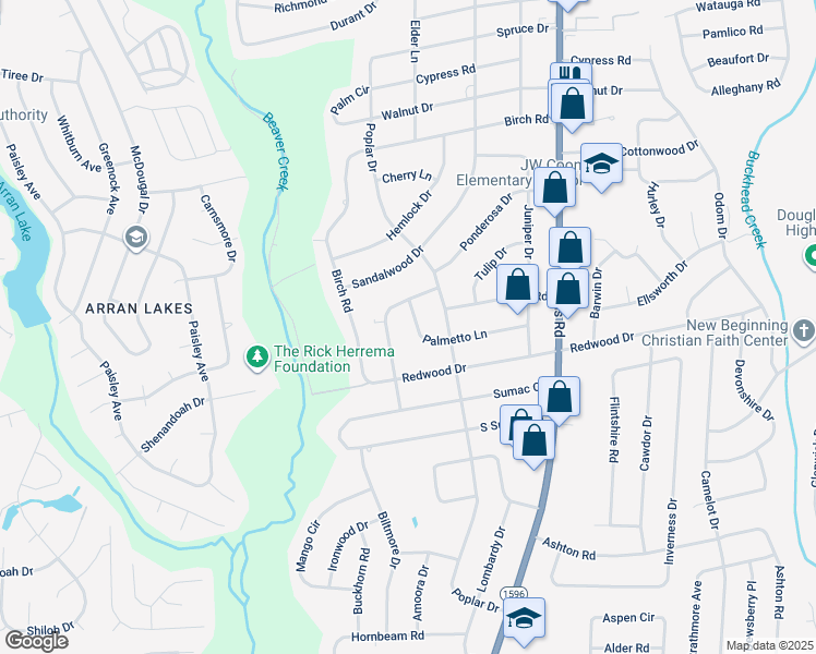 map of restaurants, bars, coffee shops, grocery stores, and more near 5215 Palmetto Lane in Fayetteville