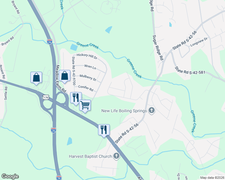 map of restaurants, bars, coffee shops, grocery stores, and more near 108 State Road S-42-9701 in Inman