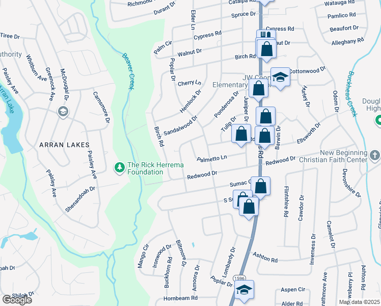 map of restaurants, bars, coffee shops, grocery stores, and more near 5215 Palmetto Lane in Fayetteville